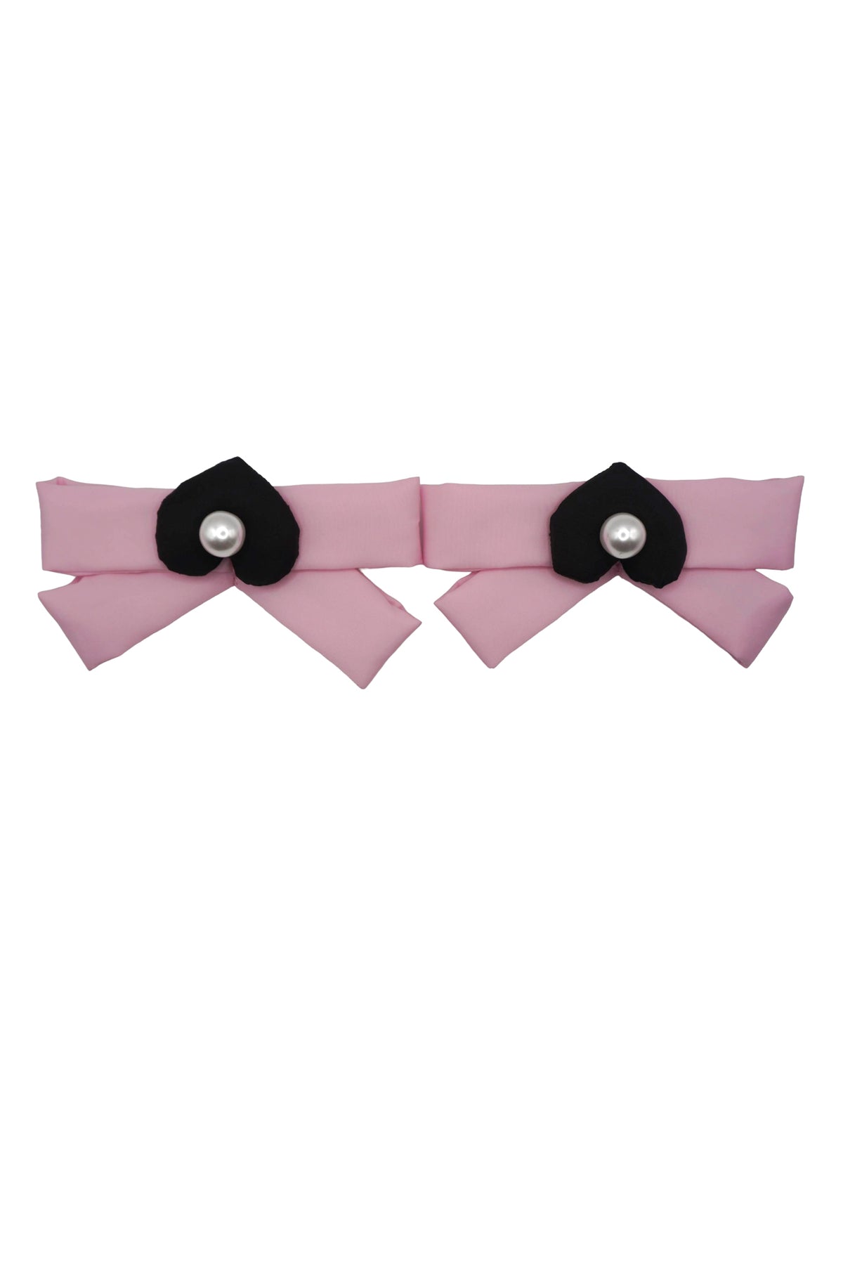 Pair of ballet pink bow charms, each centered with a black mamu heart logo and a pearlescent bead
