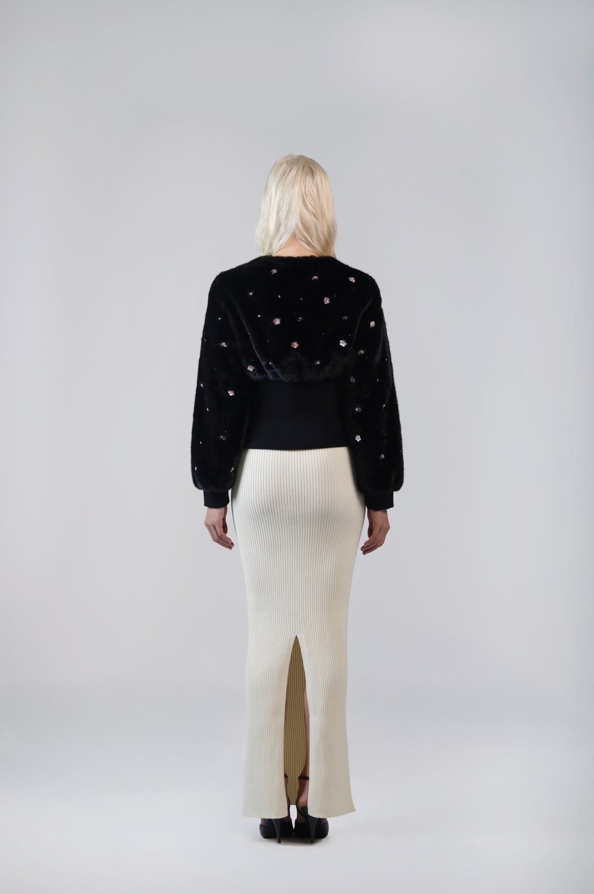 Pearle faux fur cardigan jacket, back view on model