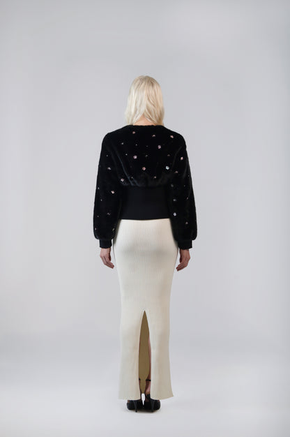 Pearle faux fur cardigan jacket, back view on model