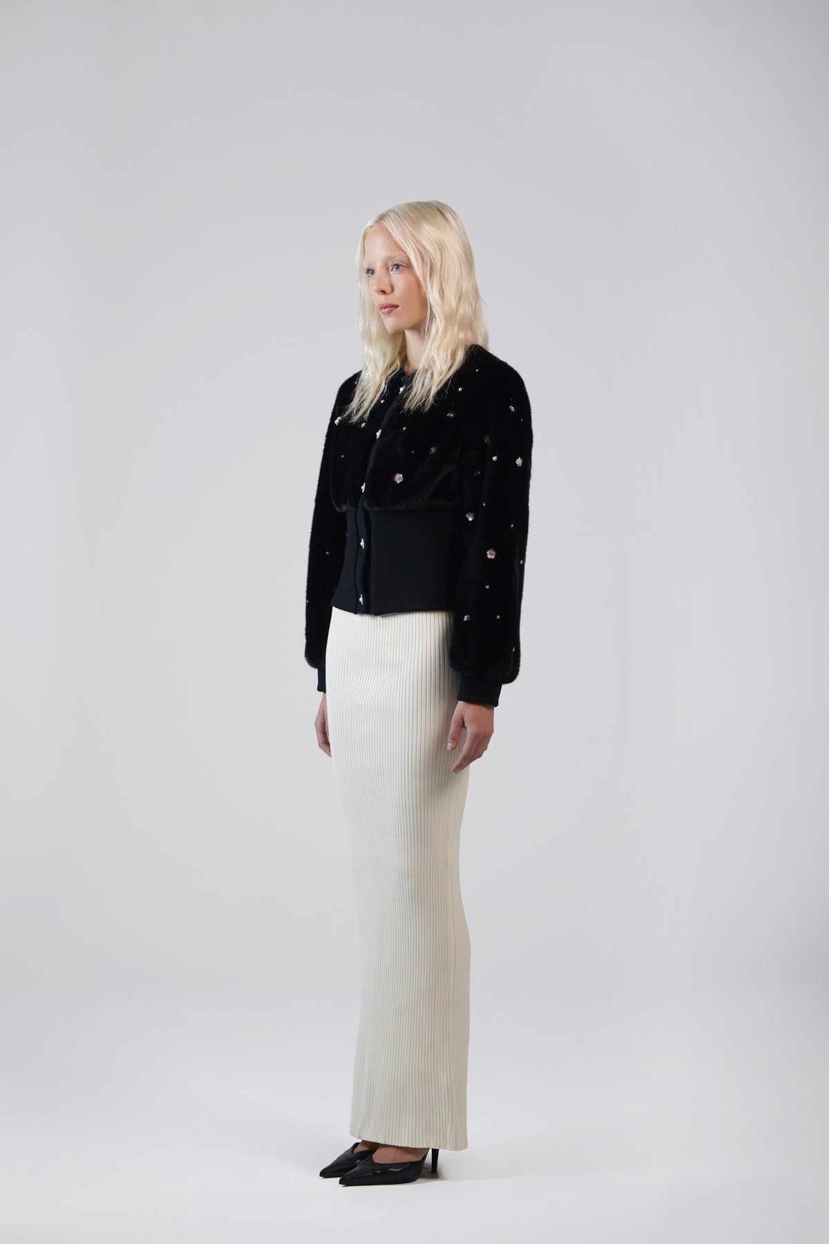 Pearle faux fur cardigan jacket, full-length view on model