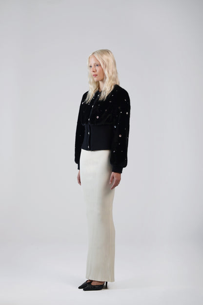 Pearle faux fur cardigan jacket, full-length view on model