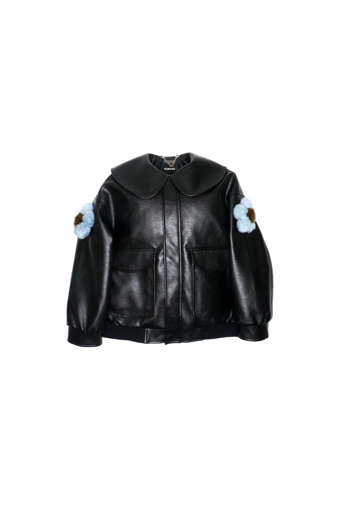 Jinnoir Jacket with misty blue faux fur flower charms snapped onto the sleeves