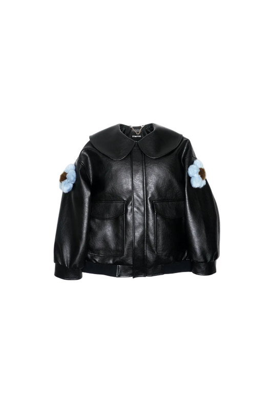 Jinnoir Jacket with misty blue faux fur flower charms snapped onto the sleeves