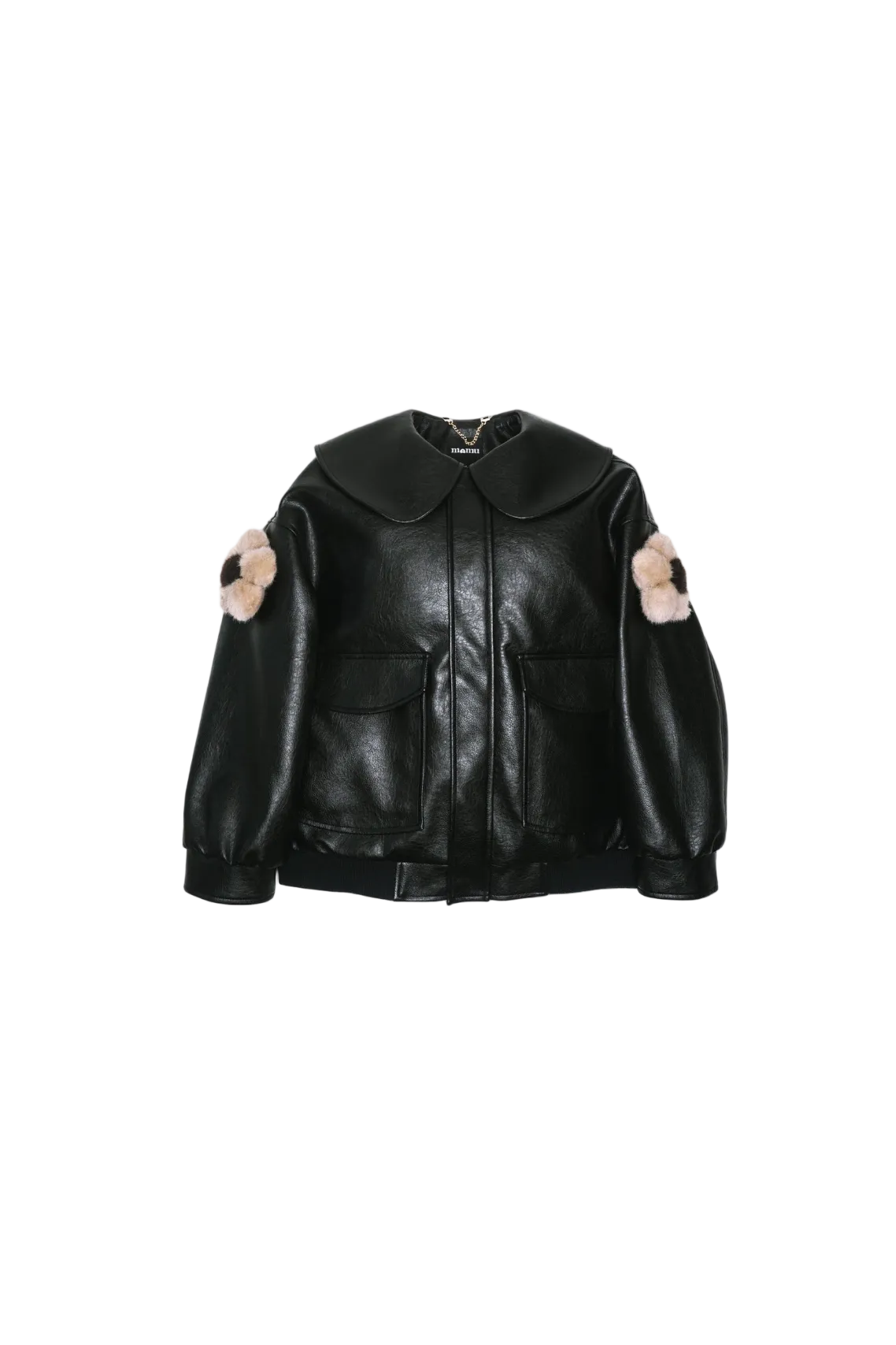 Jinnoir Jacket with teddy brown faux fur flower charms snapped onto the sleeves