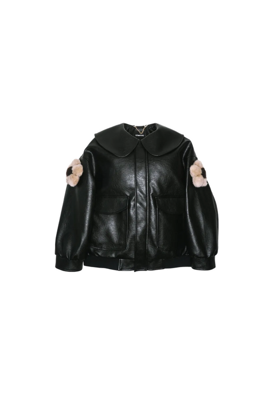 Jinnoir Jacket with teddy brown faux fur flower charms snapped onto the sleeves