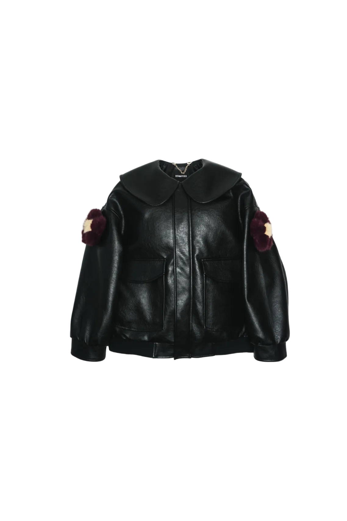Jinnoir Jacket with plum faux fur flower charms snapped onto the sleeves