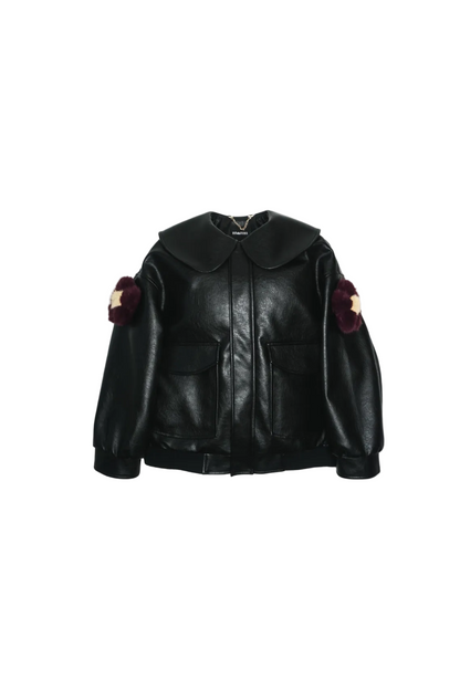 Jinnoir Jacket with plum faux fur flower charms snapped onto the sleeves