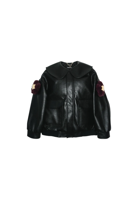 Jinnoir Jacket with plum faux fur flower charms snapped onto the sleeves