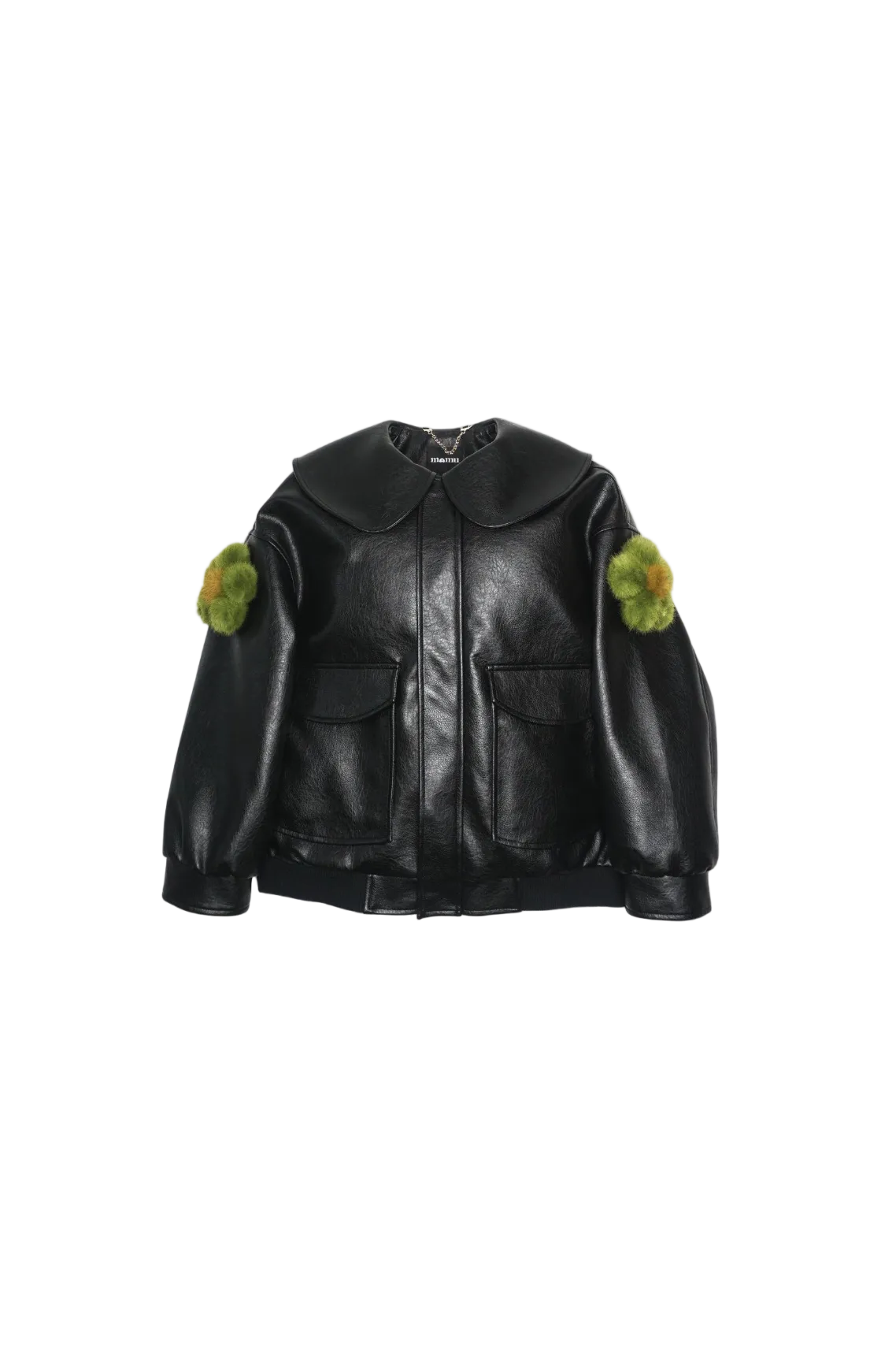 Jinnoir Jacket with prairie green faux fur flower charms snapped onto the sleeves