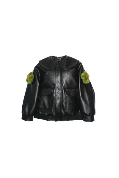 Jinnoir Jacket with prairie green faux fur flower charms snapped onto the sleeves