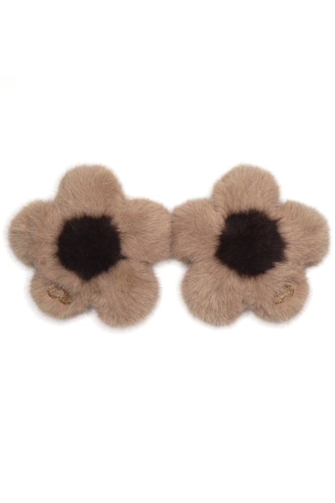 Pair of teddy brown faux fur flower charms with dark brown centers