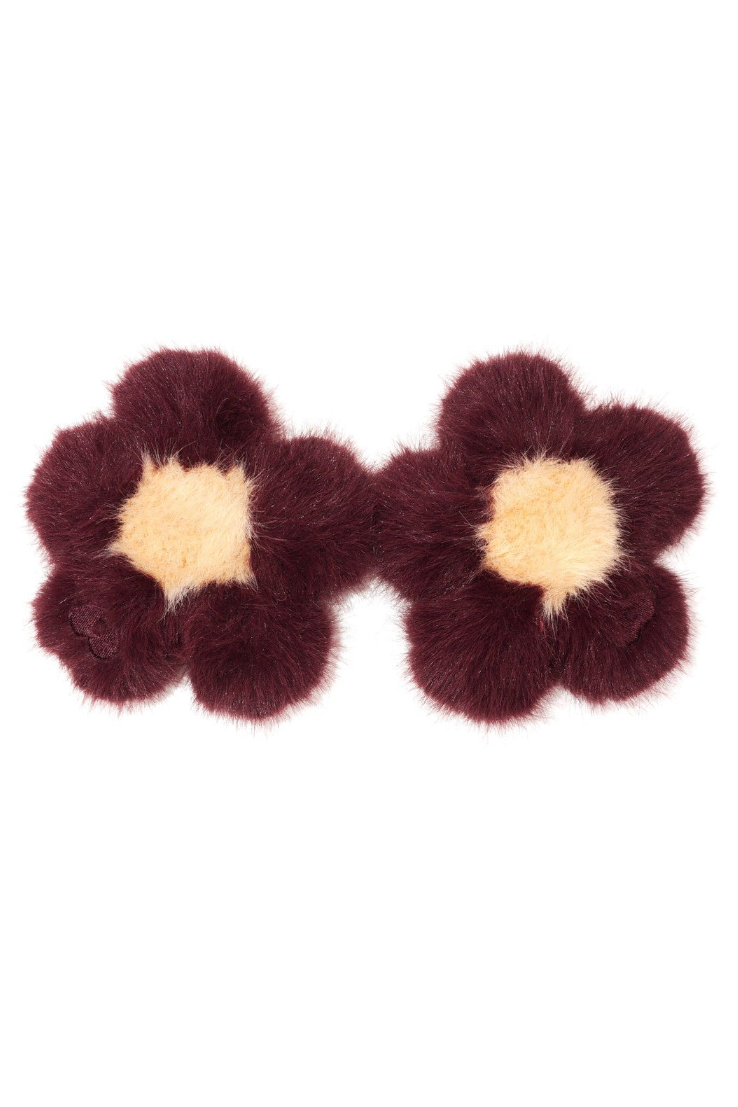 Pair of plum faux fur flower charms with pale yellow centers