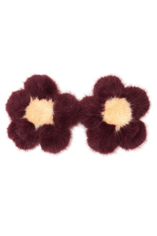 Pair of plum faux fur flower charms with pale yellow centers