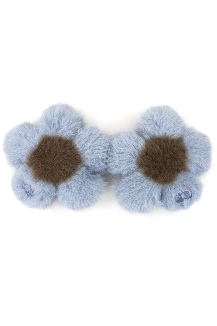 Pair of misty blue faux fur flower charms with brown centers