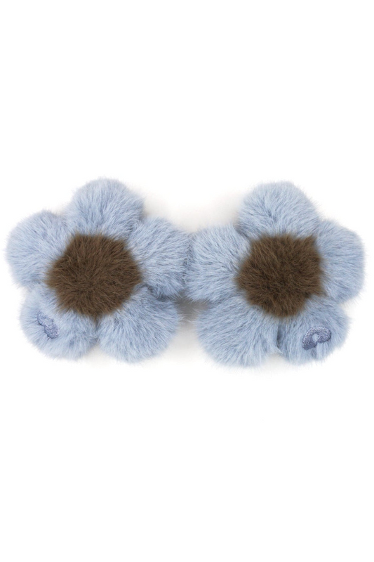 Pair of misty blue faux fur flower charms with brown centers