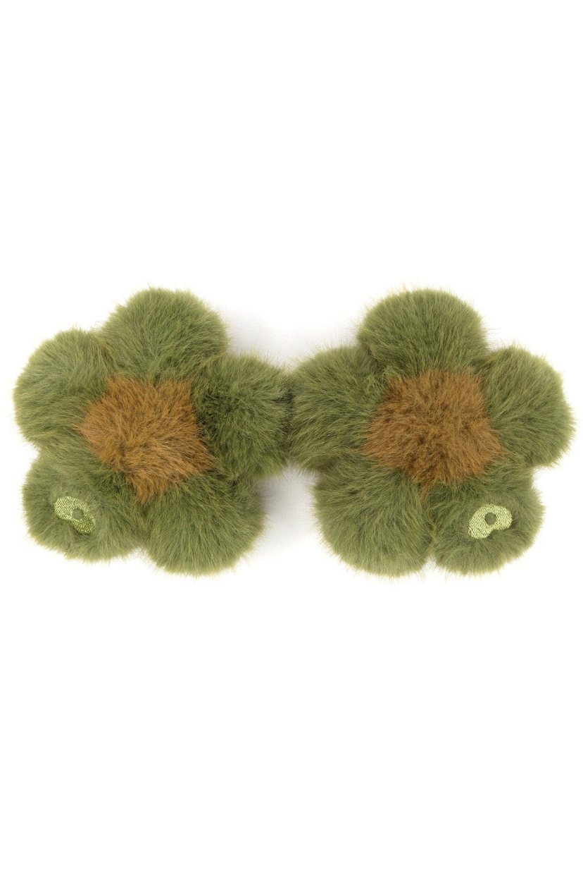 Pair of prairie green faux fur flower charms with mustard centers