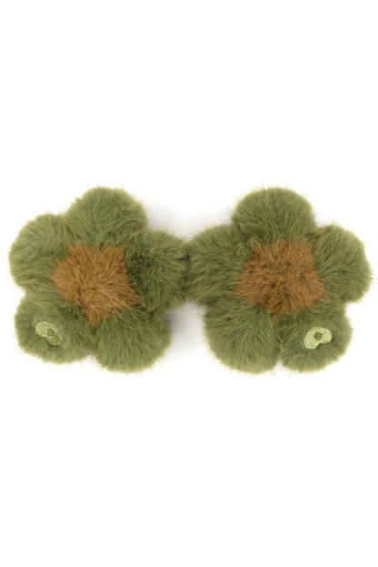 Pair of prairie green faux fur flower charms with mustard centers