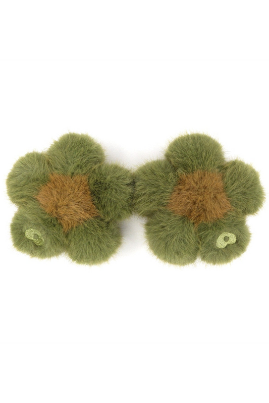 Pair of prairie green faux fur flower charms with mustard centers