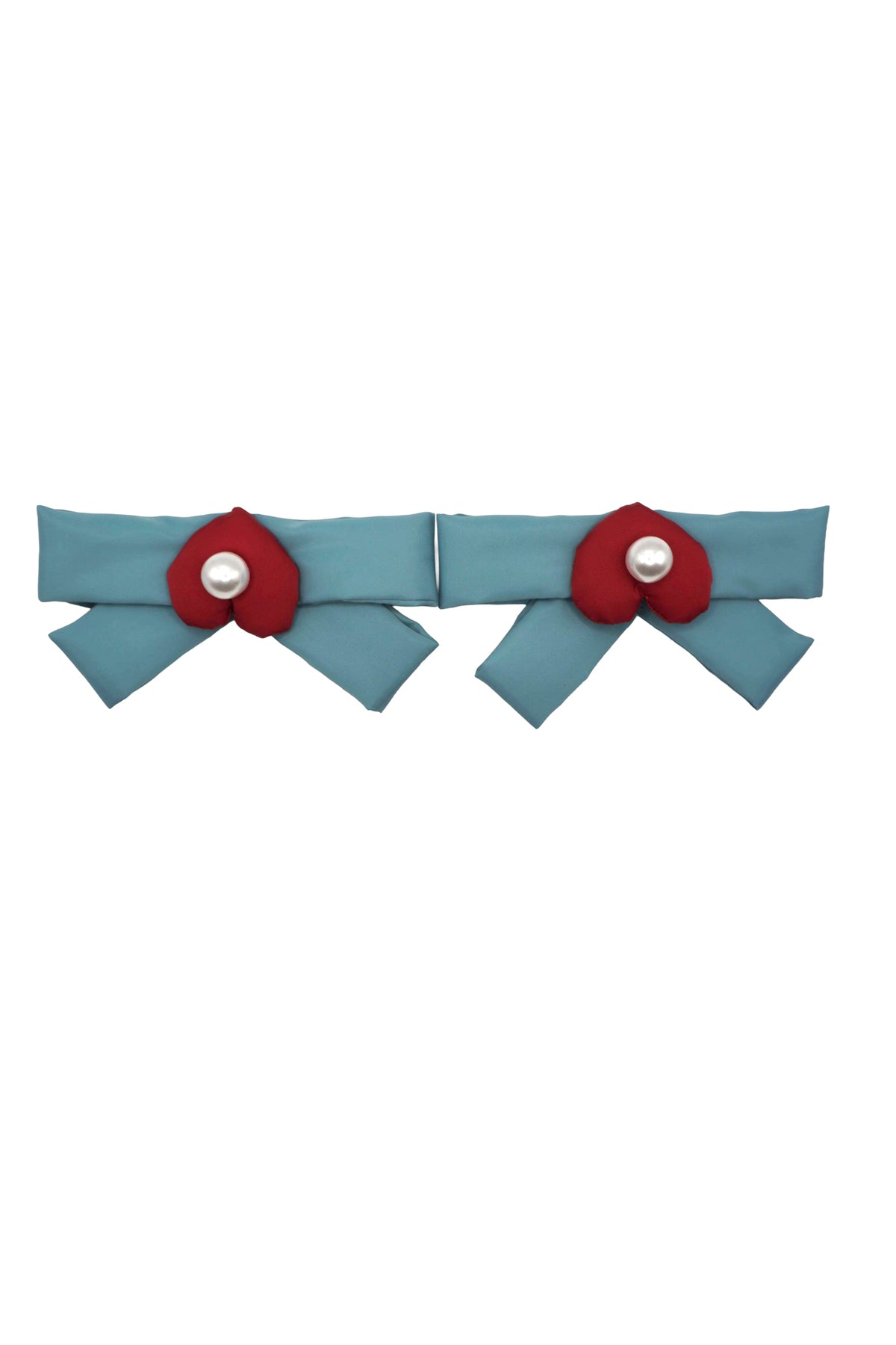 Pair of bluebird blue bow charms, each centered with a red mamu heart logo and a pearlescent bead