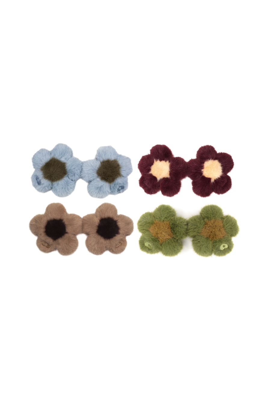 The Blume bundle: four pairs of faux fur flower charms in misty blue, plum, teddy brown and prairie green