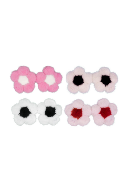 The Blume II bundle: four pairs of faux fur flower charms in bubblegum pink, sakura pink, dalmatian white and cupcake pink