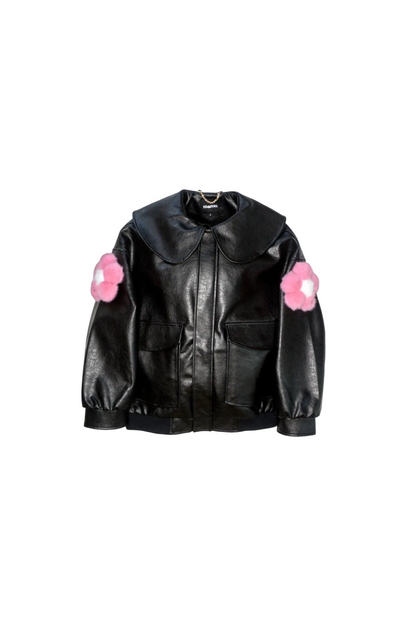 Jinnoir Jacket with bubblegum pink faux fur flower charms snapped onto the sleeves