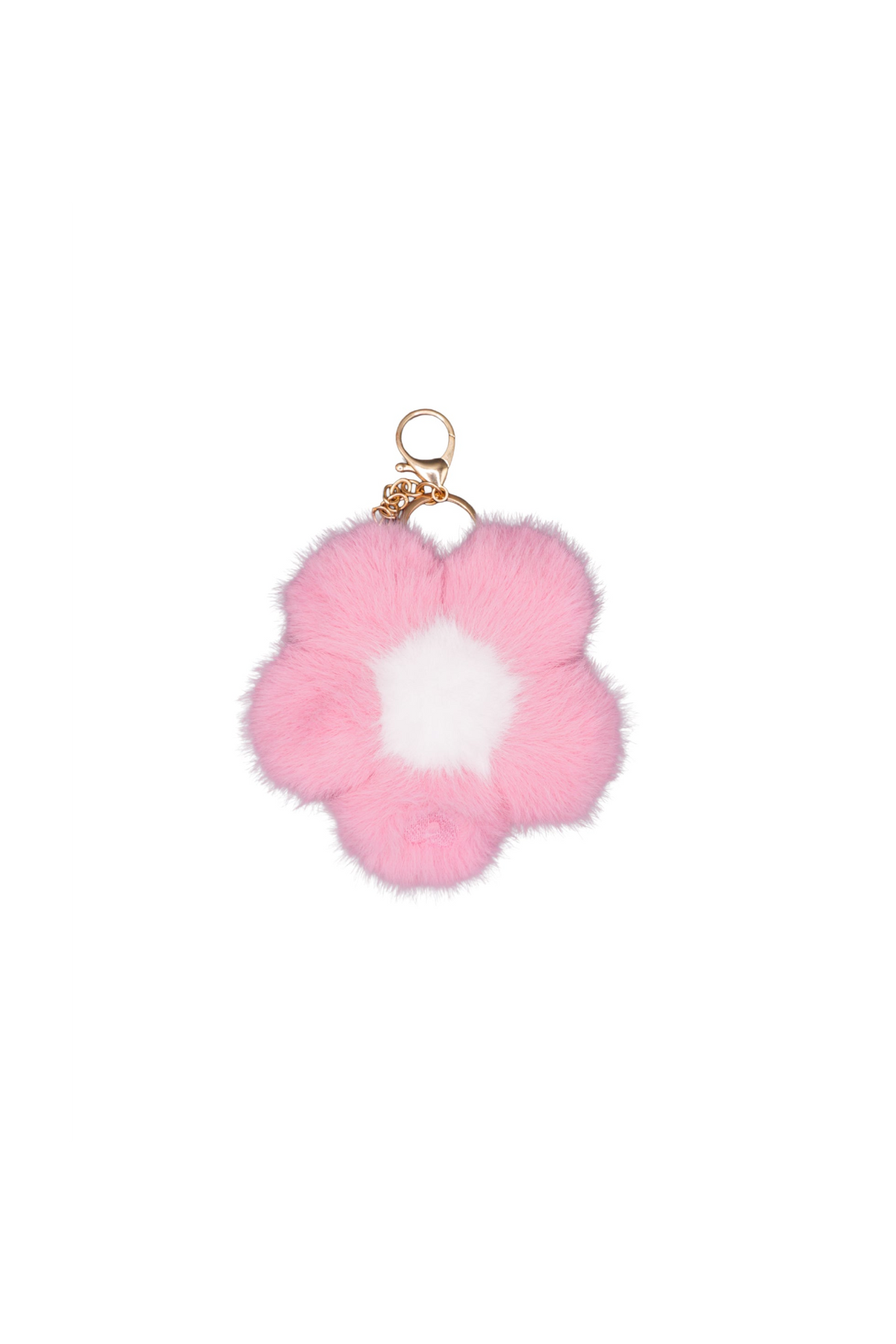 Single bubblegum pink faux fur flower charm on a metal keychain, worn as a bag charm