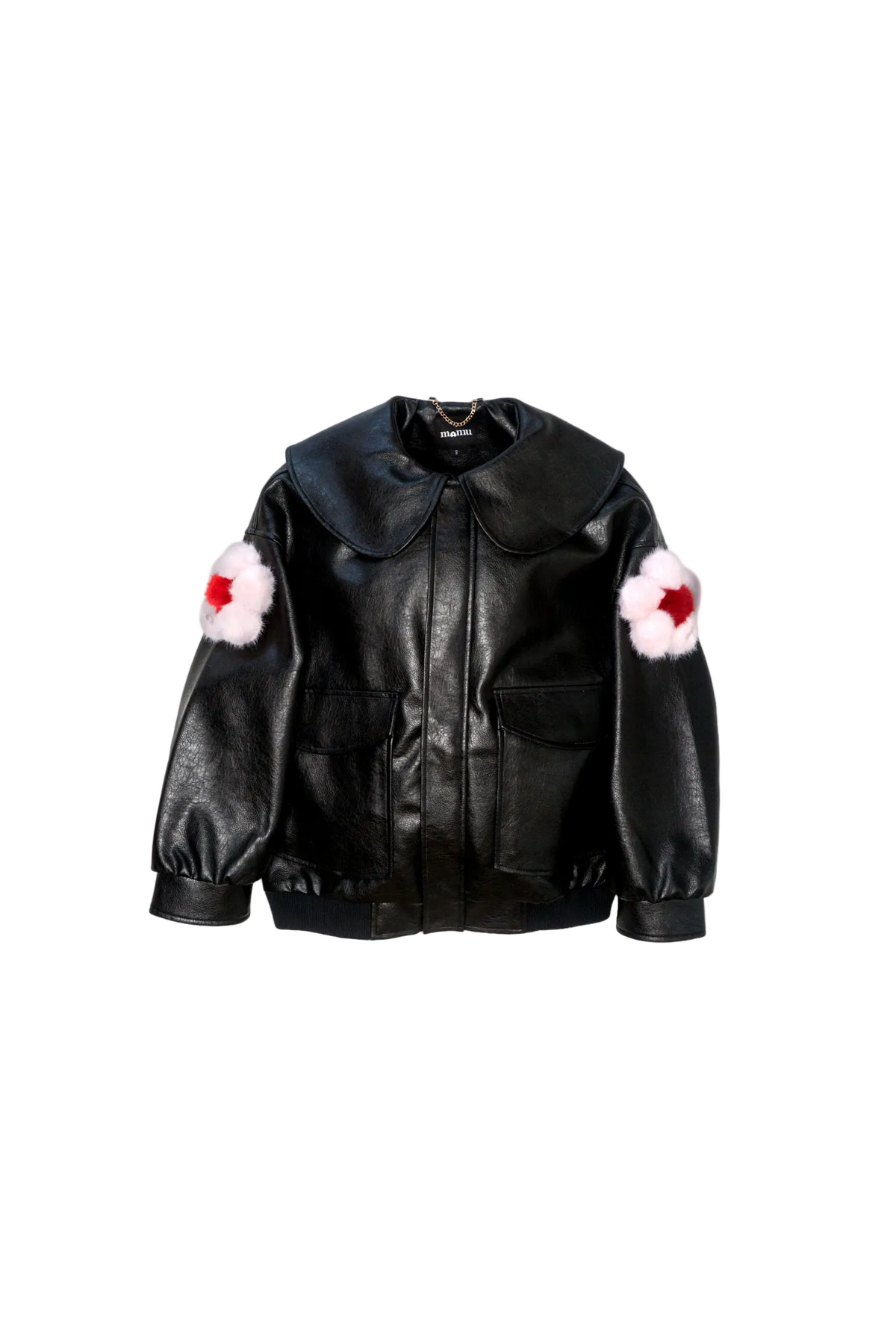 Jinnoir Jacket with cupcake pink faux fur flower charms snapped onto the sleeves
