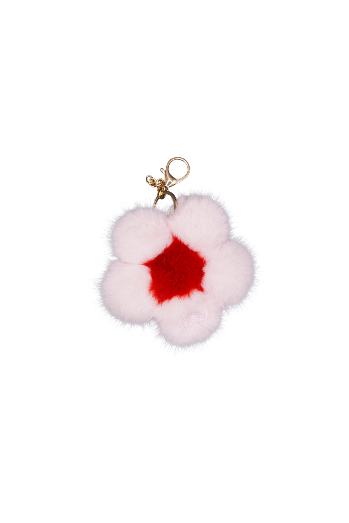 Single cupcake pink faux fur flower charm on a metal keychain, worn as a bag charm