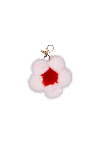 Single cupcake pink faux fur flower charm on a metal keychain, worn as a bag charm