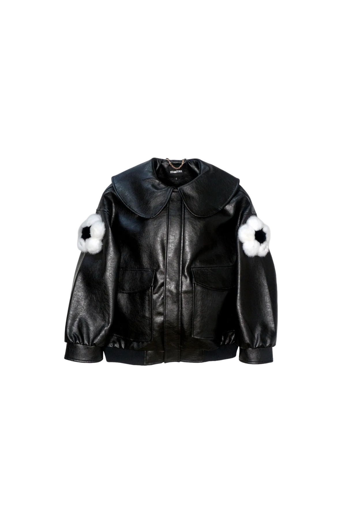 Jinnoir Jacket with dalmatian white faux fur flower charms snapped onto the sleeves