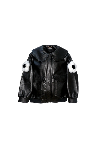 Jinnoir Jacket with dalmatian white faux fur flower charms snapped onto the sleeves