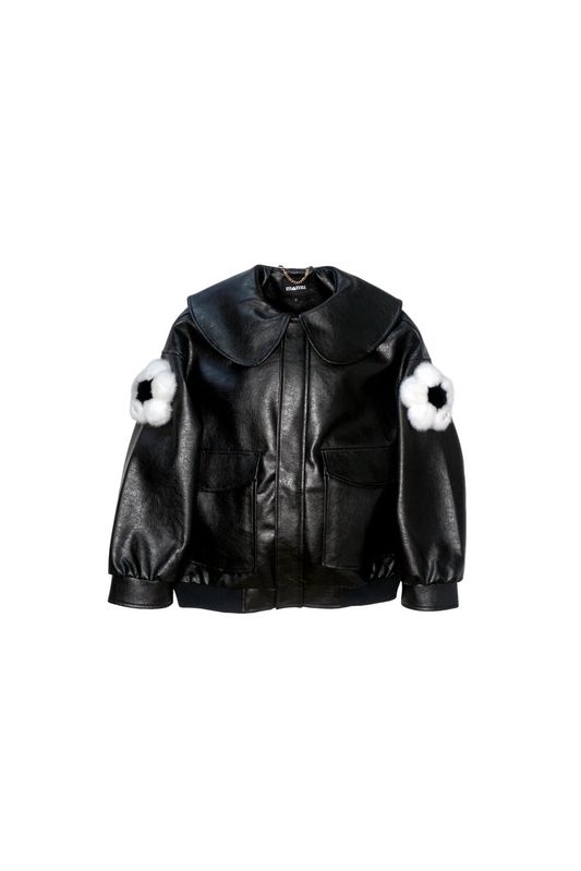 Jinnoir Jacket with dalmatian white faux fur flower charms snapped onto the sleeves