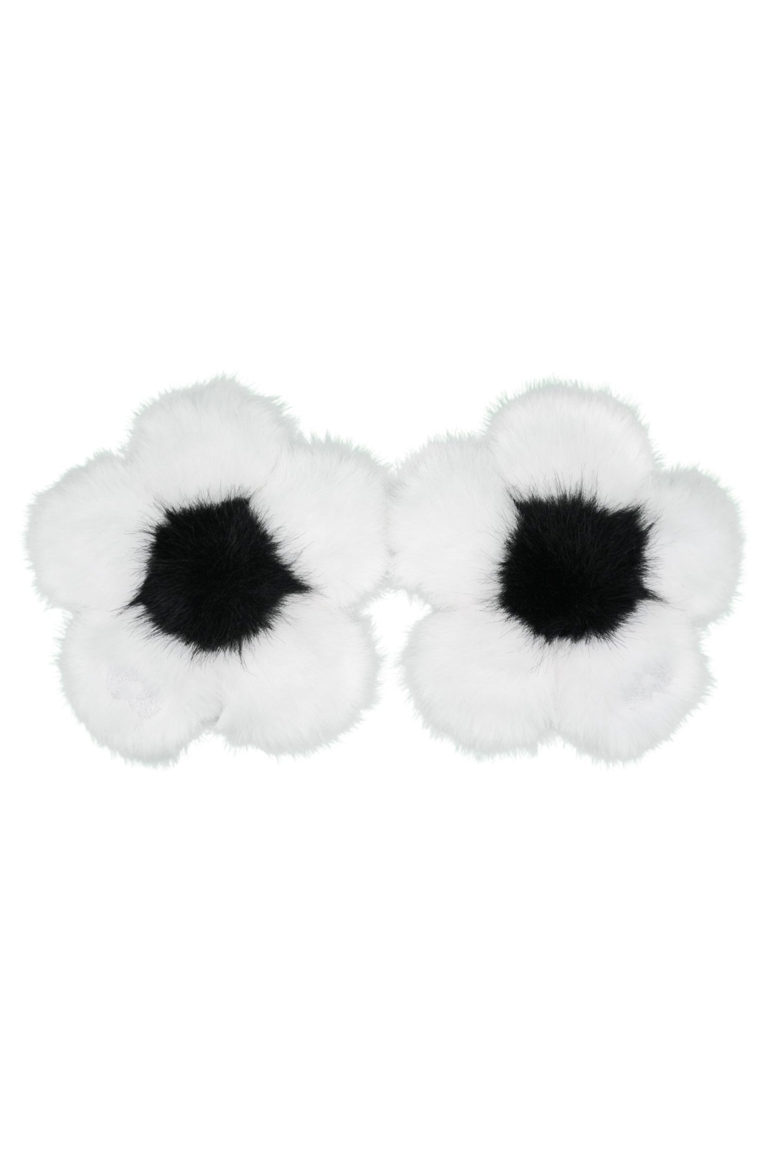 Pair of dalmatian white faux fur flower charms with black centers