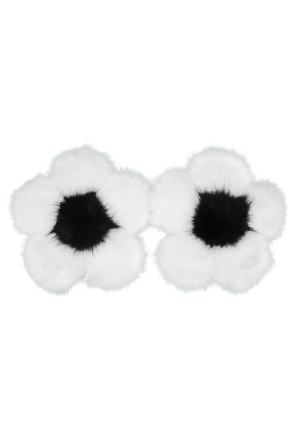 Pair of dalmatian white faux fur flower charms with black centers