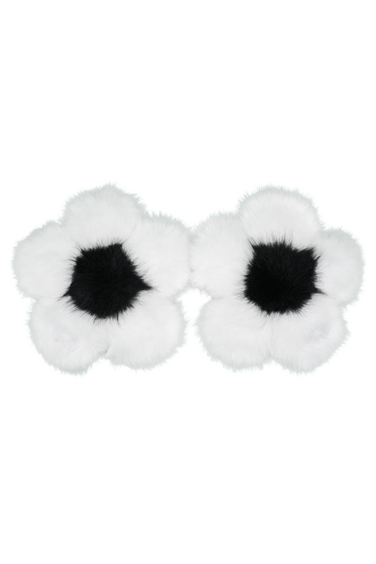 Pair of dalmatian white faux fur flower charms with black centers