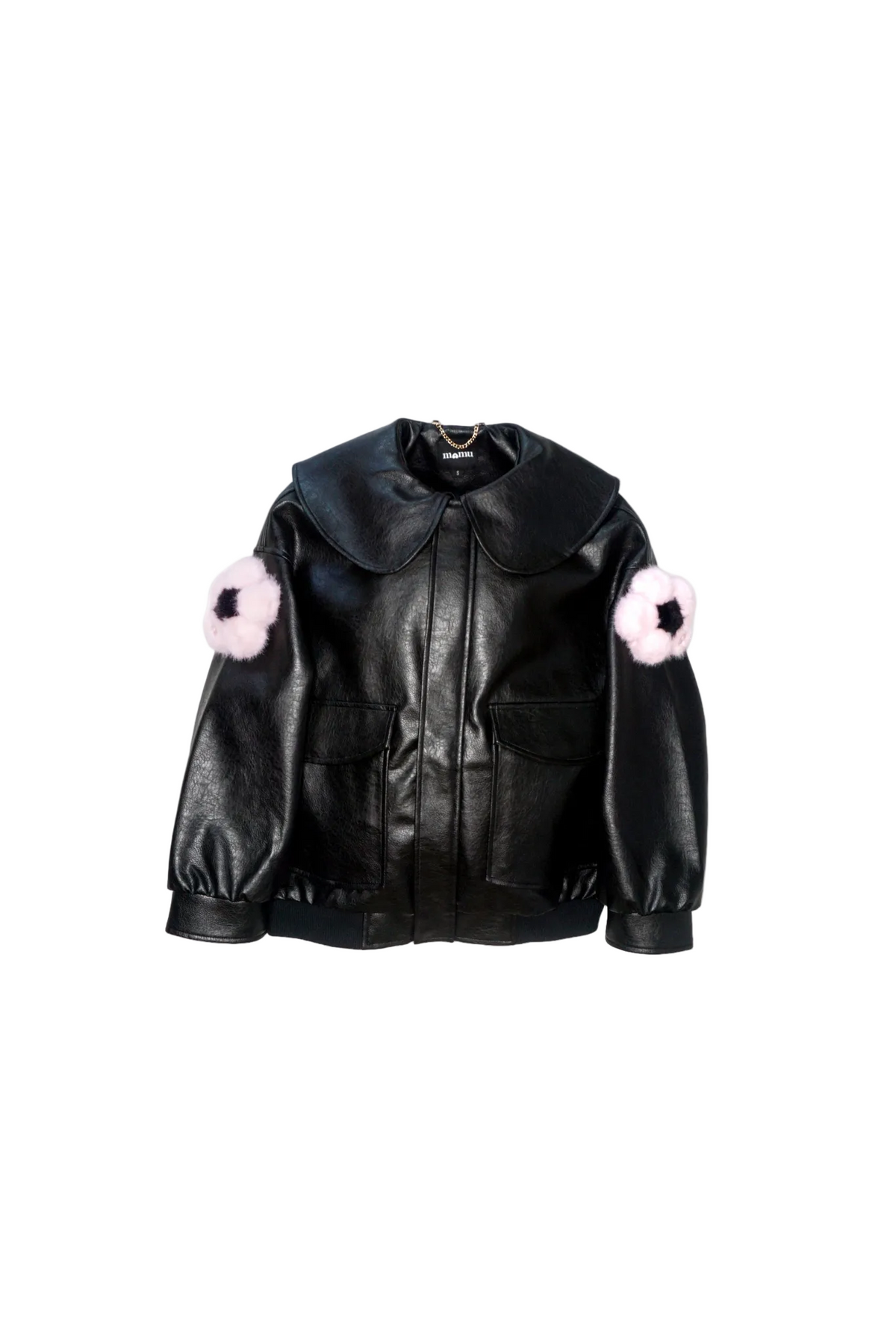 Jinnoir Jacket with sakura pink faux fur flower charms snapped onto the sleeves