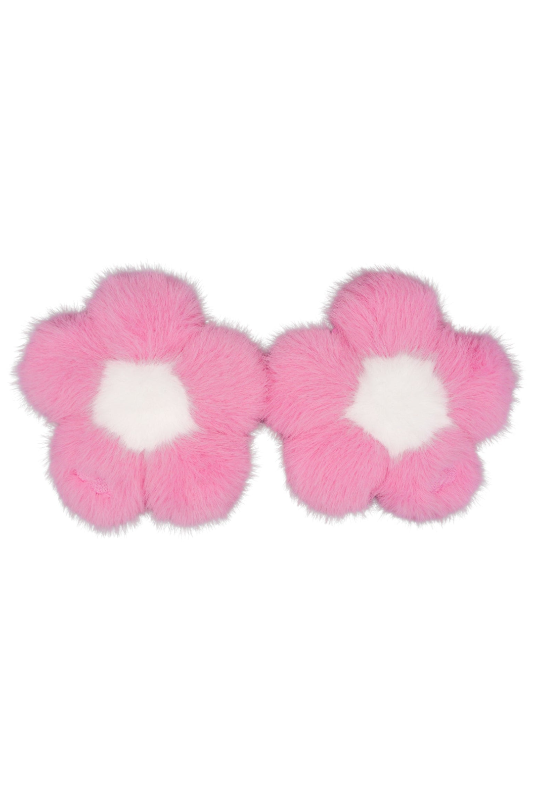 Pair of bubblegum pink faux fur flower charms with white centers