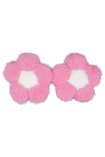 Pair of bubblegum pink faux fur flower charms with white centers