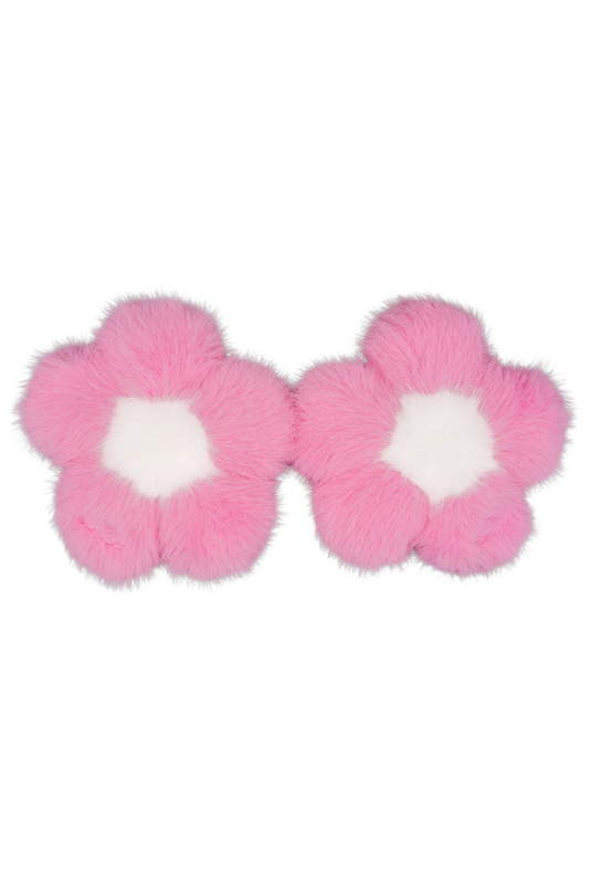 Pair of bubblegum pink faux fur flower charms with white centers