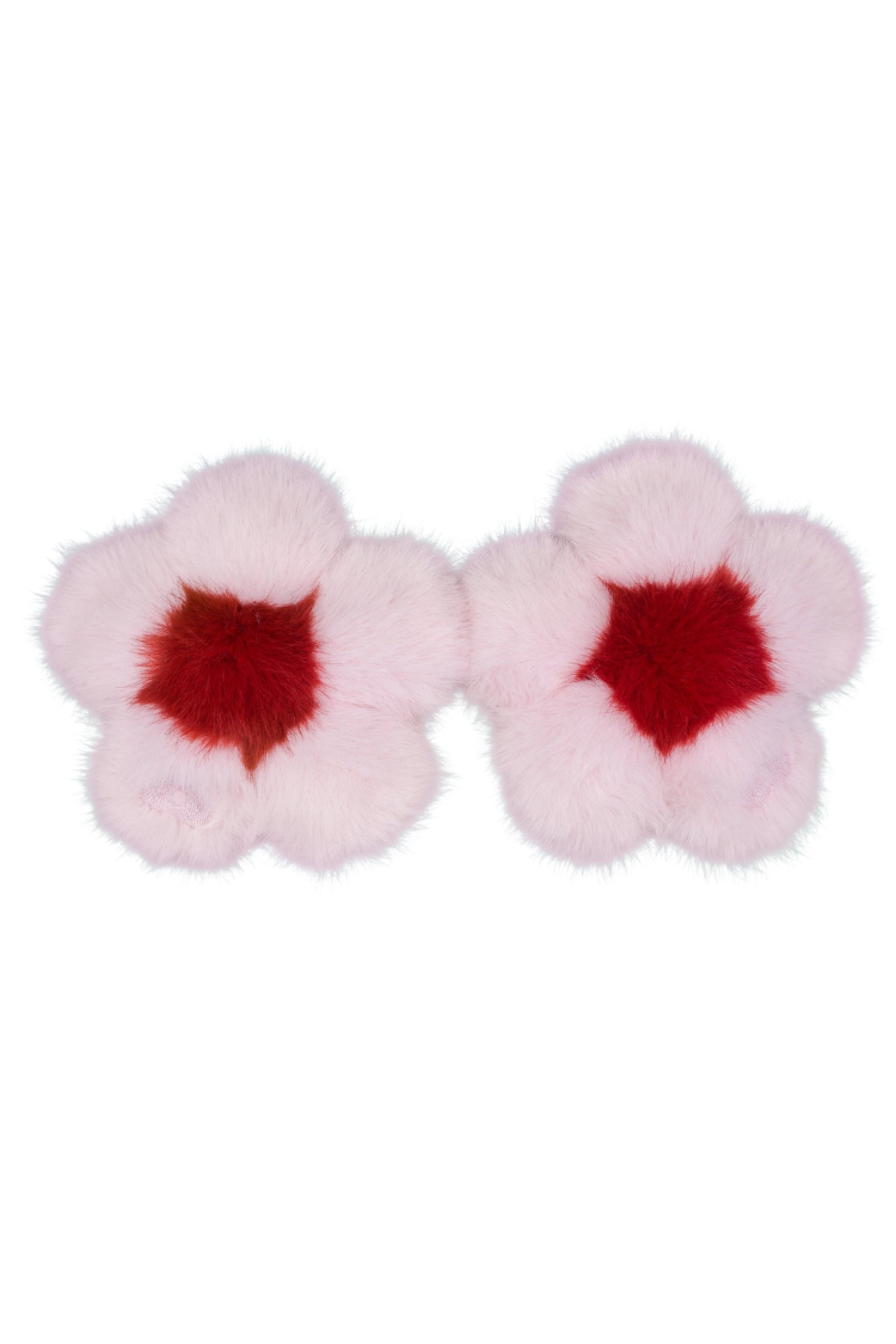 Pair of cupcake pink faux fur flower charms with red centers