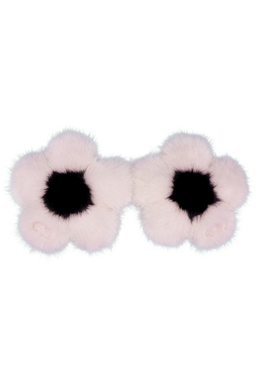 Pair of sakura pink faux fur flower charms with black centers